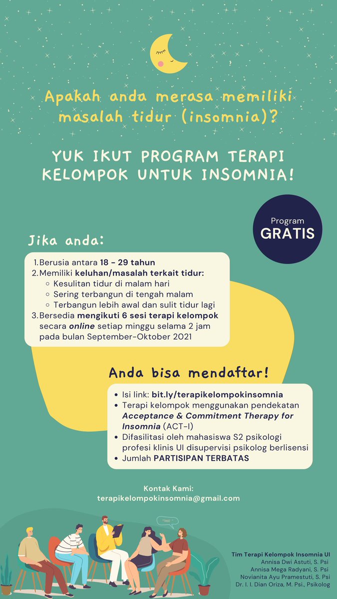 annisaradyani's tweet photo. Adakah yg lg mengalami masalah tidur? Yuk ikut terapi kelompok insomnia! https://t.co/9zO1IuYcWF https://t.co/zoByUcY692