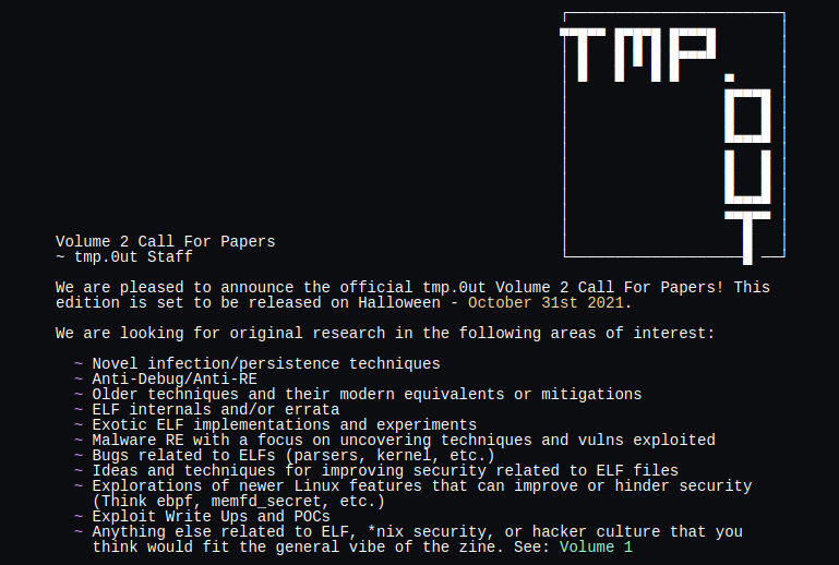 tmpout's tweet photo. This is the Call For Papers notice for our second volume, coming at you live on Halloween 2021. For more information on submission guidelines and ways to contact us, visit the CFP page: https://t.co/2v0t4v6nui 🎃🎃🎃 https://t.co/ssDGiBsdq1