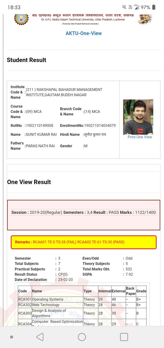 Sourabh_52's tweet photo. @AKTU_Lucknow @AktuStudents 
सर में MCA अंतिम वर्ष का छात्र हूं । सर मैने ओर मेरे कक्षा के छात्रों ने 3rd सेमेस्टर में RCAA01 का पेपर दिया था । लेकिन रिजल्ट में सारे छात्रों को Zero (0) अंक दिए है । हमारे कॉलेज की तरफ से हमे कोई सहायता नहीं मिल रही है । सर कृपया हमारी सहायता करे। https://t.co/p5Iqu8k1xk