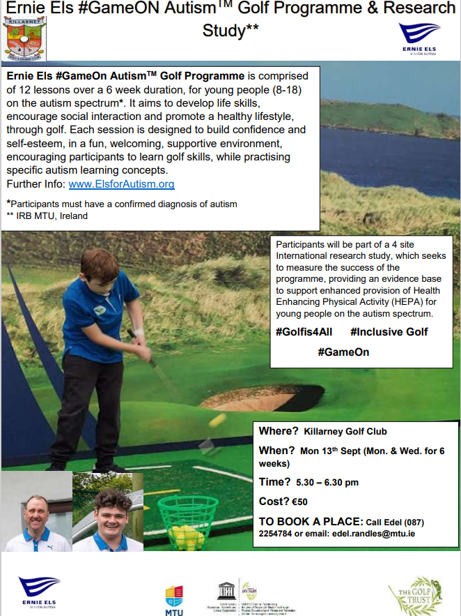 GameOn_Ireland's tweet photo. #GameOn Autism golf program commences @Killarney1893 on Sept. 13th, only 2 places remaining at the moment. https://t.co/ImMhXyA7A4