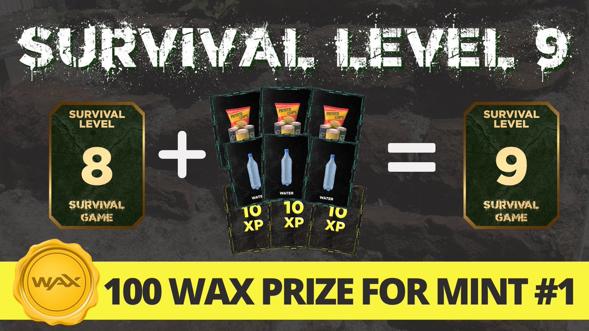 💥Survival Game Mint Sprint with 100 Wax prize!💥

Survival Level 9 will be available on Sunday, August 29, at 17:00 UTC.

There will be prizes for the first 10 people who reach Level 9. Mint #1 will get 100 WAX!

Check our Discord for more details: discord.gg/bfuqctxQuX