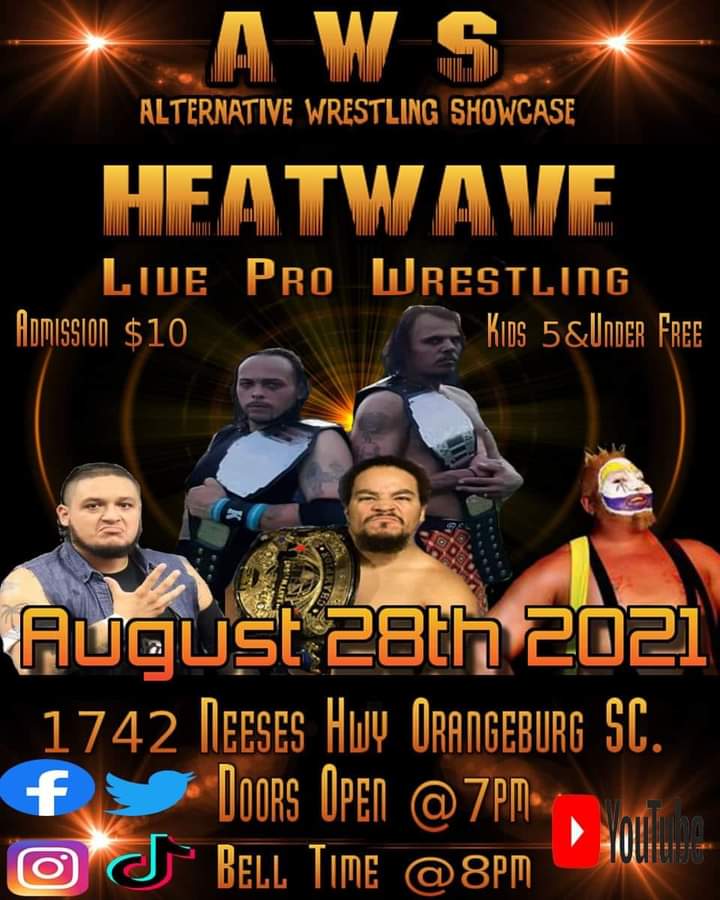 AlternativeWre1's tweet photo. AWS presents HeatWave tonight the show starts at 8pm doors open at 7pm
1742 NEESES HWY Orangeburg SC
Come be apart of the show 
We have Concessions
https://t.co/QGKgRtlFcD 
Get your tickets in advance for this event $8
Tickets at the door is $10
Children 5 under are FREE https://t.co/DZ8NkAC4HQ