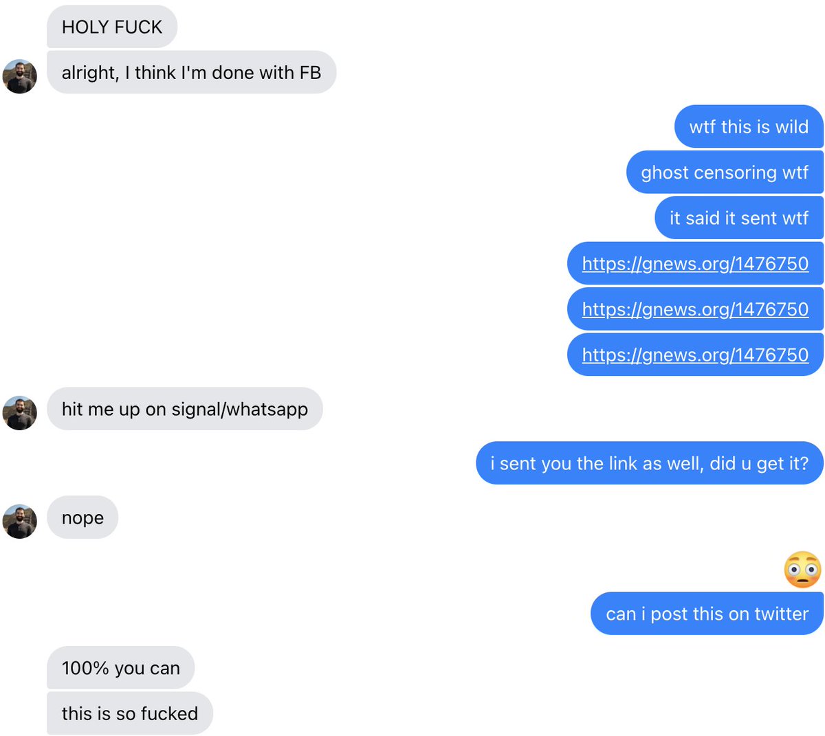 Kyle Morris Fb Messenger Silently Censors Some Covid Related Links But Claims The Messages Were Sent Im Pro Science Vaccine Etc But This Not Cool Fb T Co Qhhmmaofem
