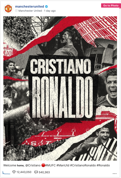FOS's tweet photo. Manchester United's announcements of Cristiano Ronaldo's return are the most-liked posts on Twitter and Instagram ever by a sports team. 

📲 Instagram: 12.4M
📲 Twitter: 1.9M

It took 24 hours 🤯 https://t.co/YqgIwJYxAz