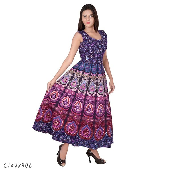 *Catalog Name:* Beautiful Jaipuri Print Cotton Gowns

*Details:*
Description: 1 Piece of Gown 
Fabric: Cotton 
Size; Bust (In Inches):  Free Size- Upto 44
Length (In Inches): 49
Sleeves: Sleeveless
Type: Stitched
Work: Printed
Designs: 9