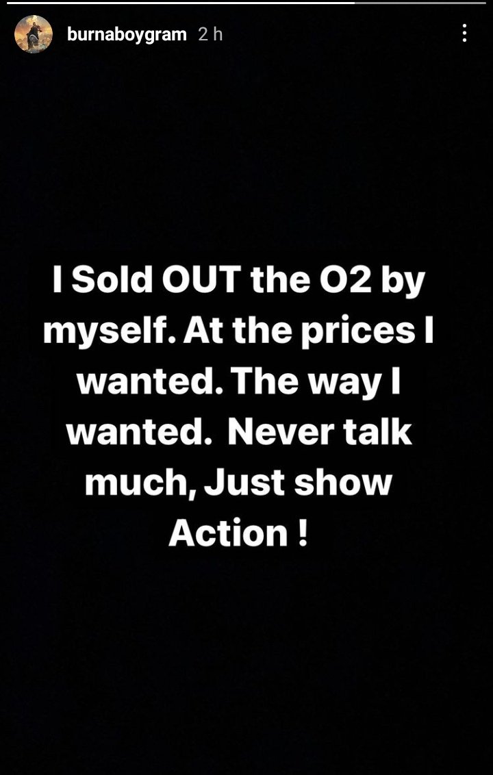 PH_Prinx's tweet photo. I sold OUT the 02 by myself. At the prices I wanted. The way I wanted. Never talk much, just show action! 

@burnaboy via Instagram 🦍💨
#BurnaboyO2 https://t.co/fPK7WujA0X