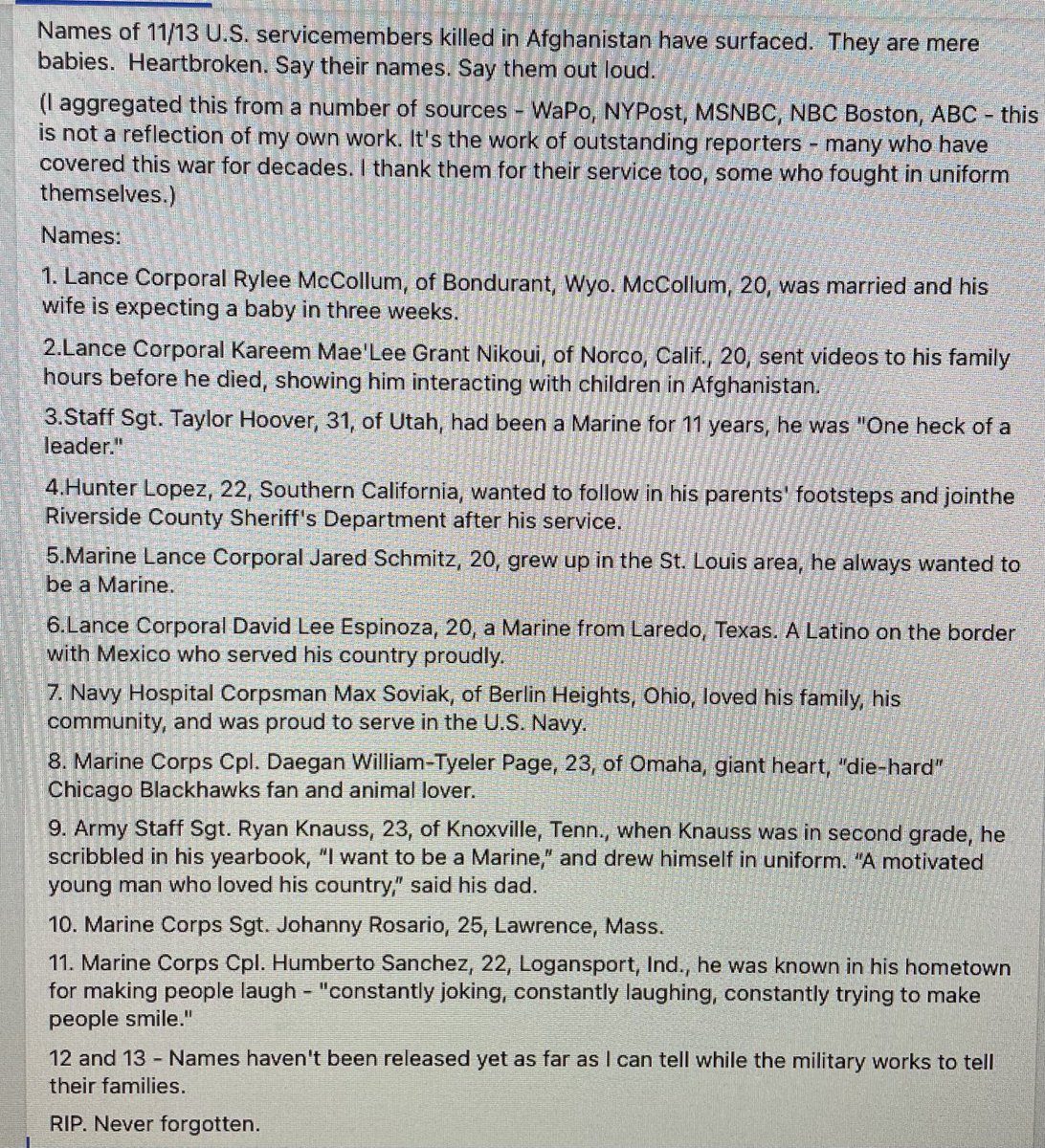 Shannon10CNAS's tweet photo. Names of 11/13 U.S. servicemembers killed in AFG have surfaced. They are mere babies. Heartbreaking. Say their names. Say them out loud. https://t.co/OetwmGXB22