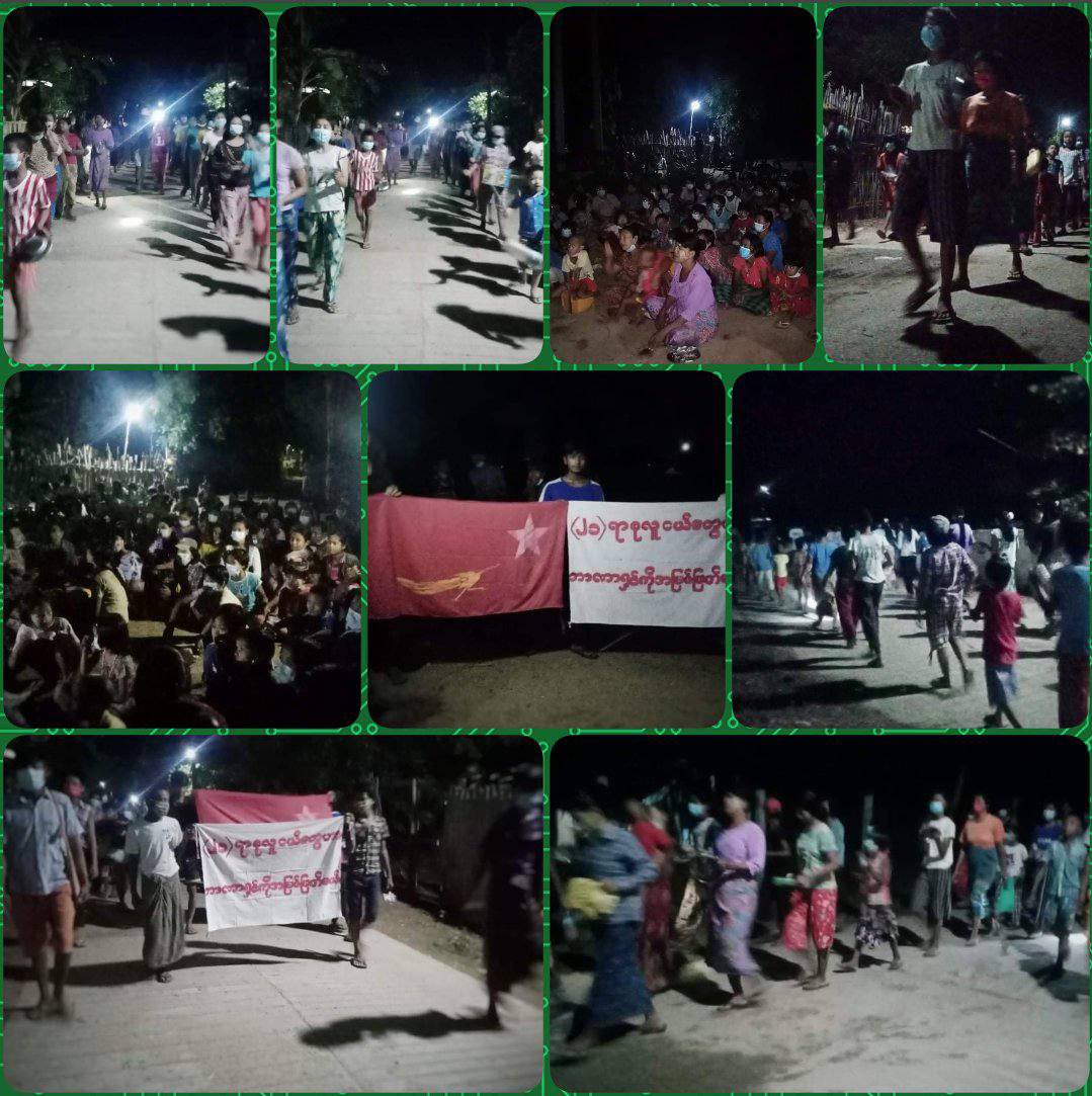 Although the environment is filled with darkness, pro-democracy residents from two villages of northern Sagaing Division staged a regular “Ironclad Night Strike” by banging the iron bucket to oust the guard dogs. #Aug28Coup #WhatsHappeningInMyanmar