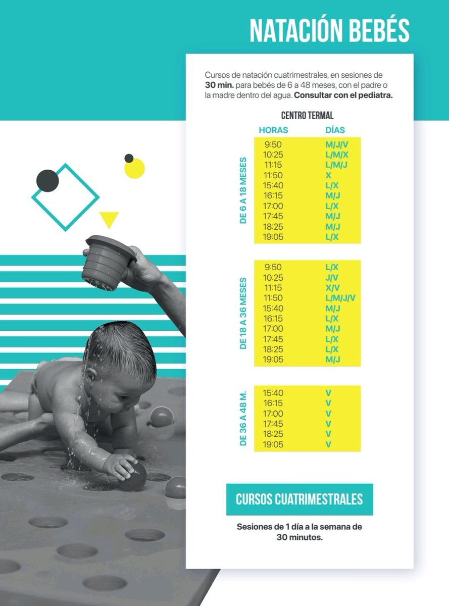 El lunes, 30 de agosto, a las 08:30, se abre el plazo de inscripción para los cursos de NATACIÓN BEBÉS en CENTRO TERMAL.
Realiza tu inscripción por Internet en 
imd-albacete.com:8080/CronosWeb/Login.
Información del Programa Deportivo del IMD de esta temporada en 👇
imd-albacete.com/noticias/defau…