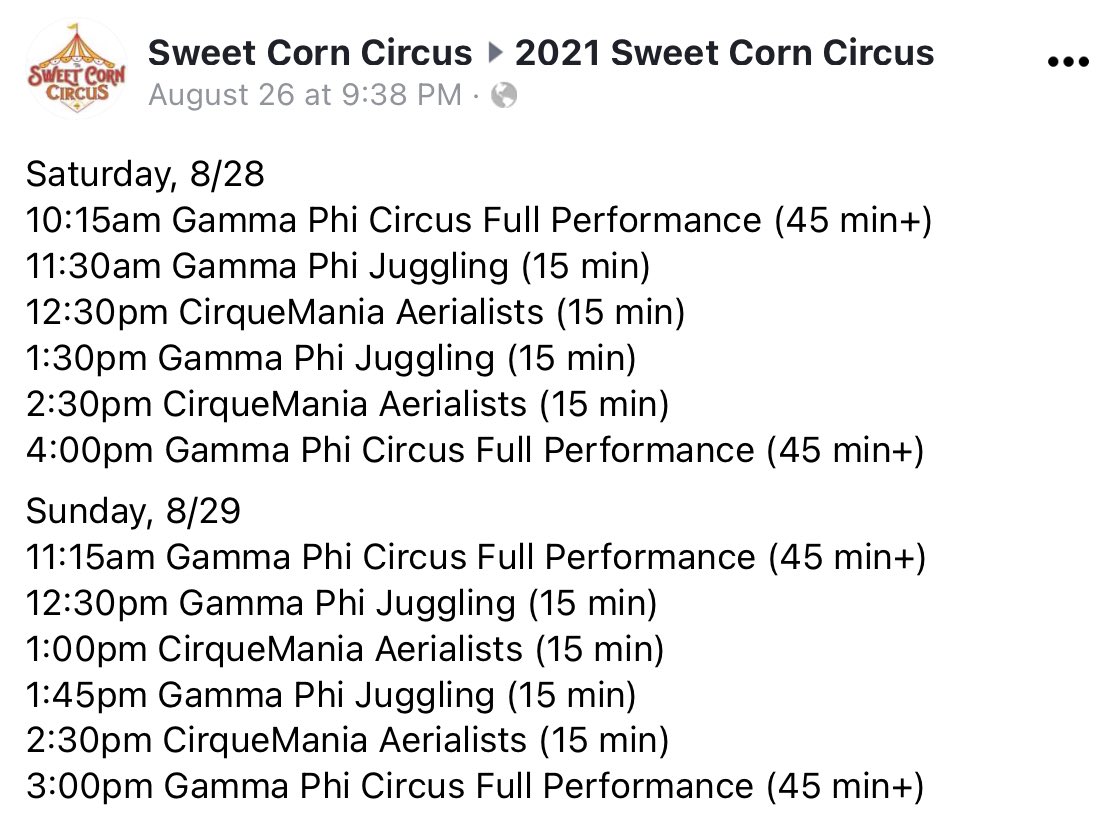 Here’s the performance schedule for @GammaPhiCircus at the Sweet Corn Circus! #blono #visitbn 🎪 🌽