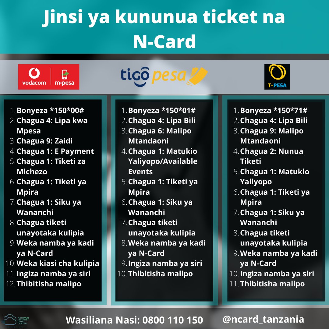 NIDCTANZANIA's tweet photo. Nunua Ticket ya #YangaDay kupitia simu yako kwa njia hizi.

#Yanga #YangaSC #YangaDay #SikuYaWananchi #NCard #NIDC #MPesa #TigoPesa #TPesa https://t.co/SluhI5iYOa