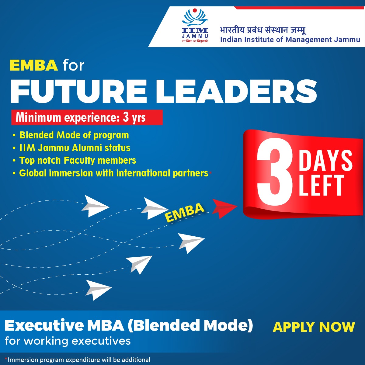 IIMJammu's tweet photo. #3daytogo for applying to the EMBA Program.
#IIMJammu #EMBA #Career #IIMinParadise https://t.co/PchqiJ4Wbx