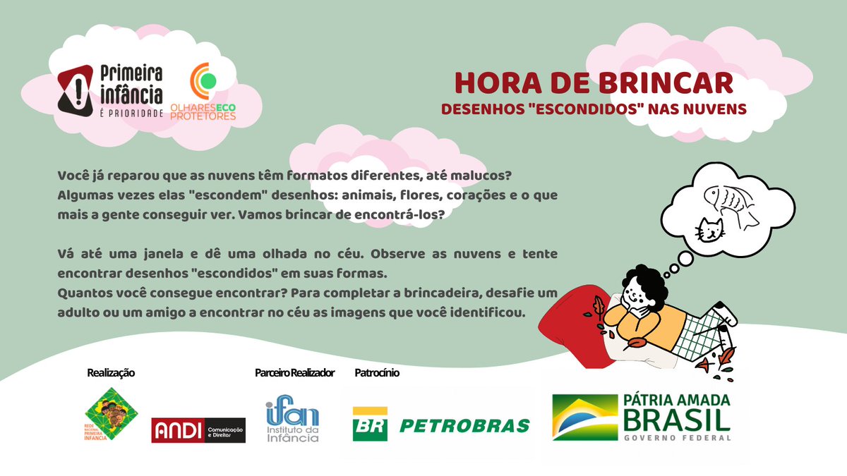 Queremos convidar as crianças a olharem novamente para o céu, mas dessa vez a brincadeira é encontrar desenhos nas formas das nuvens. Vamos brincar? Confira como no card!
#ifan #institutodainfancia <a href="/petrobras/">Petrobras</a> #ProgramaPetrobrasSocioambiental
#ProjetoPrimeiraInfanciaePrioridade