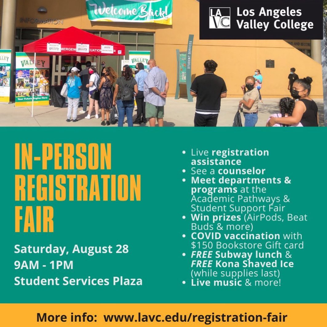 LAVCASU's tweet photo. 🦁Do you have any last-minute registration inquiries or wanting to connect with helpful programs? Then join LAVC’s In-Person Registration Fair 8/28 🦁

❤️This event is today from 9AM to 1PM PST at: 𝟱𝟴𝟬𝟬 𝗙𝘂𝗹𝘁𝗼𝗻 𝗔𝘃𝗲𝗻𝘂𝗲, 𝗩𝗮𝗹𝗹𝗲𝘆 𝗚𝗹𝗲𝗻, 𝗖𝗔 𝟵𝟭𝟰𝟬𝟭 ❤️ https://t.co/UaokhlqcCJ