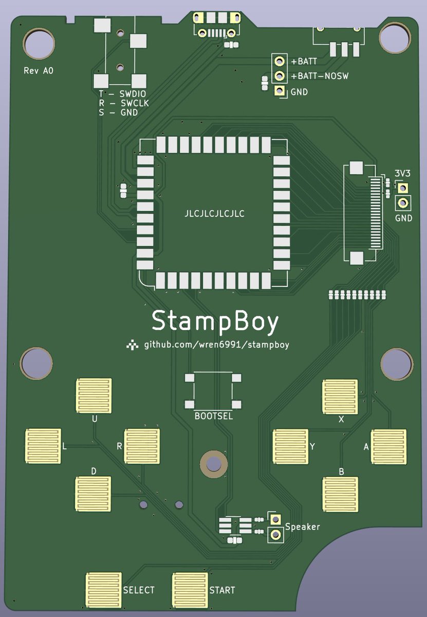 wren6991's tweet photo. Want to make a carrier board for @arturo182's RP2040 Stamp that fits into an AliExpress Gameboy.

Minimal circuitry for the first revision. I'm going with the meme solution of using the 2.5mm TRS jack as a debug connector so I don't have to open the case to debug it https://t.co/4z6xmqes7i