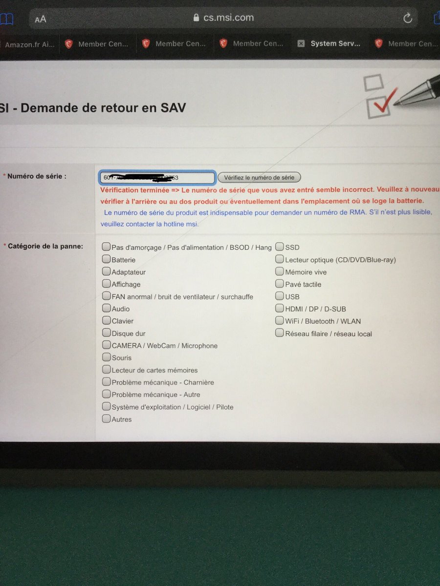Zefus5's tweet photo. @msifrance je ne comprend pas pourquoi ce message (en rouge) apparaît (j’ai littéralement CTRL+C CTRL+V ce que j’ai enregistré sur mon 
compte MSI) https://t.co/NP8iTnEIhj
