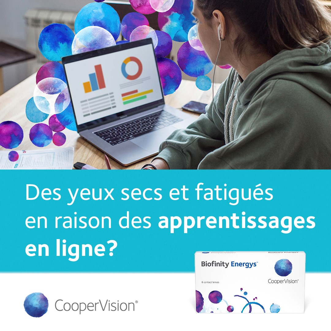 Dotée d’un matériau unique qui emprisonne l’humidité, la lentille Biofinity Energys aide à contrer la sécheresse oculaire. Pour en savoir plus, visitez : bddy.me/3BpSkNL