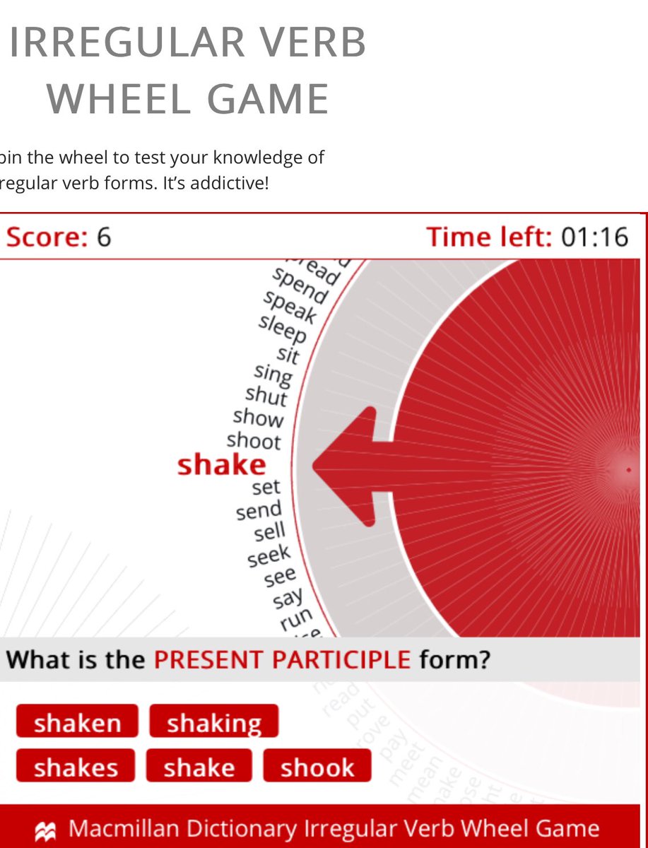 Irregular verbs wheel game. Spin the wheel and answer the questions

macmillandictionary.com/verb_wheel/