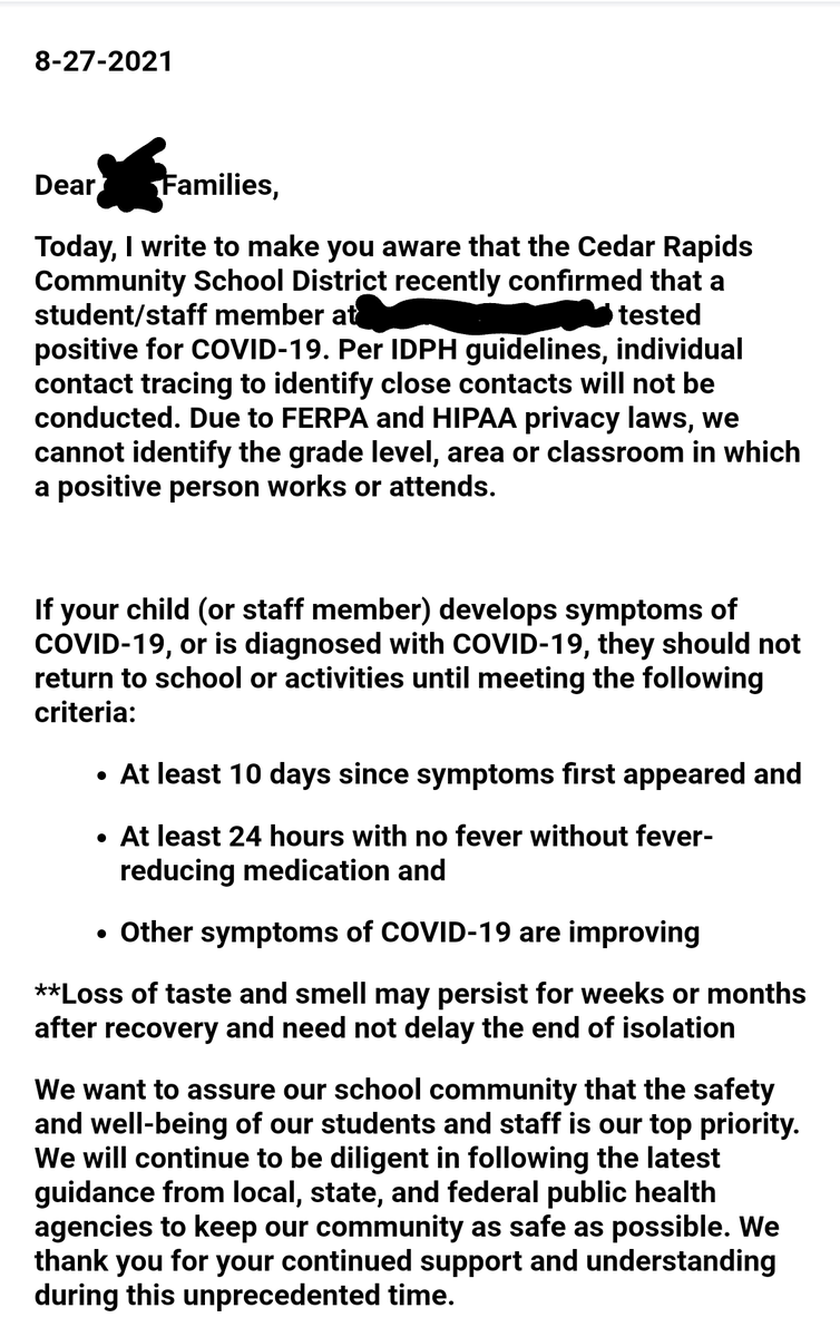 andrea_viner's tweet photo. Received this email yesterday. No contact tracing means exposed individuals will continue to go to school and spread Covid-19. How many more cases will this one case cause? Going to suggest @TestedProtected #Iowa #TestIowa @OpePac https://t.co/Osw08FkhHi