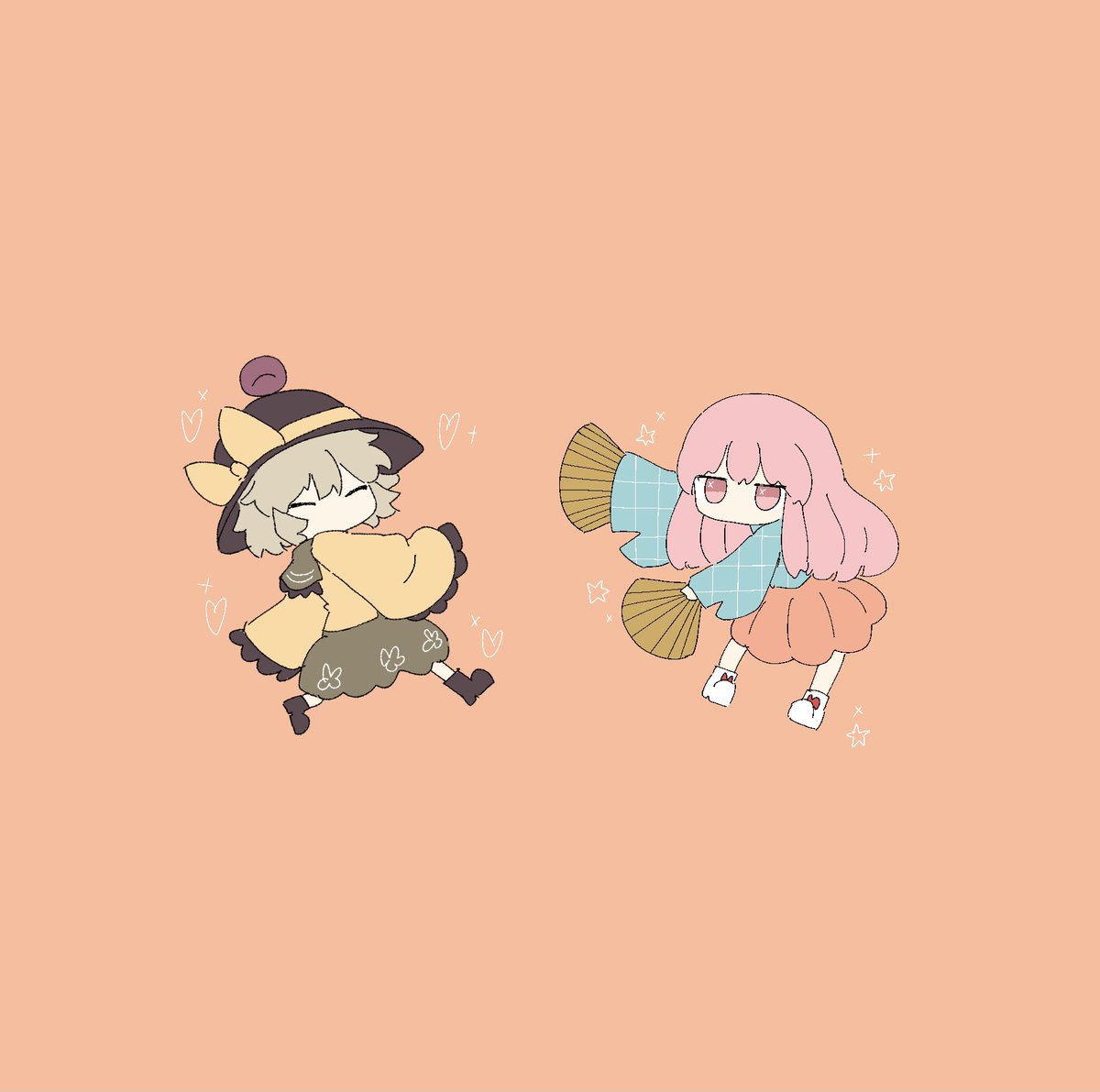 hata no kokoro ,komeiji koishi multiple girls 2girls shirt skirt hat yellow shirt pink hair  illustration images