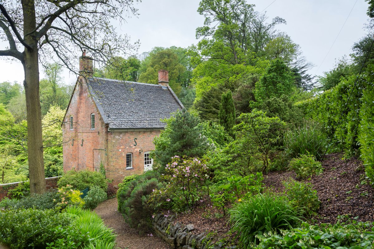 A red brick cottage with a grey slate roof nestles between trees and surrounded by verdant vegetation. 
