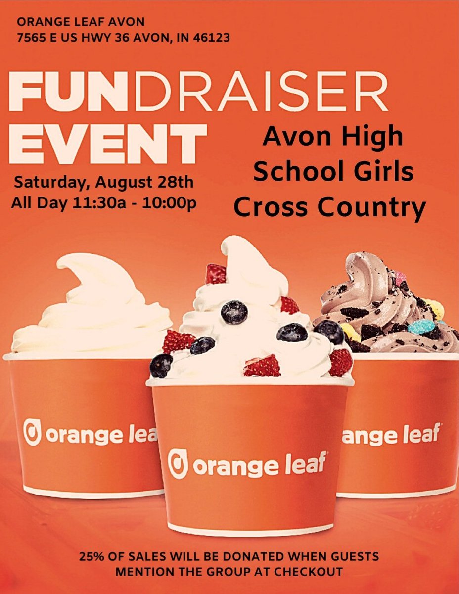 OrioleGirlsXC's tweet image. Our Girls Cross Country Team will have a Dine and Donate Fundraiser at Avon Orange Leaf, TODAY, Saturday, August 28th! The Dine and Donate will be from 11:30am-10pm. Please come support and be sure to mention Avon Cross Country (show this flyer) when you checkout. Thank You!