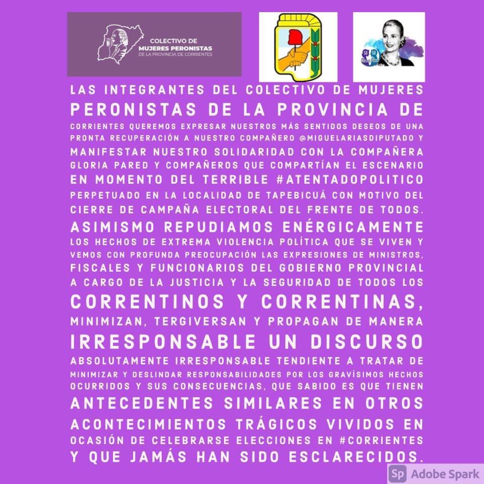 ColectivodeMuj1's tweet photo. Las integrantes del Colectivo de Mujeres Peronistas de la provincia de Corrientes queremos expresar nuestros más sentidos deseos de una pronta recuperación a nuestro compañero @miguelariasdiputado y manifestar nuestra solidaridad con la compañera Gloria Pared 👇 https://t.co/hVCCjT7Pyn