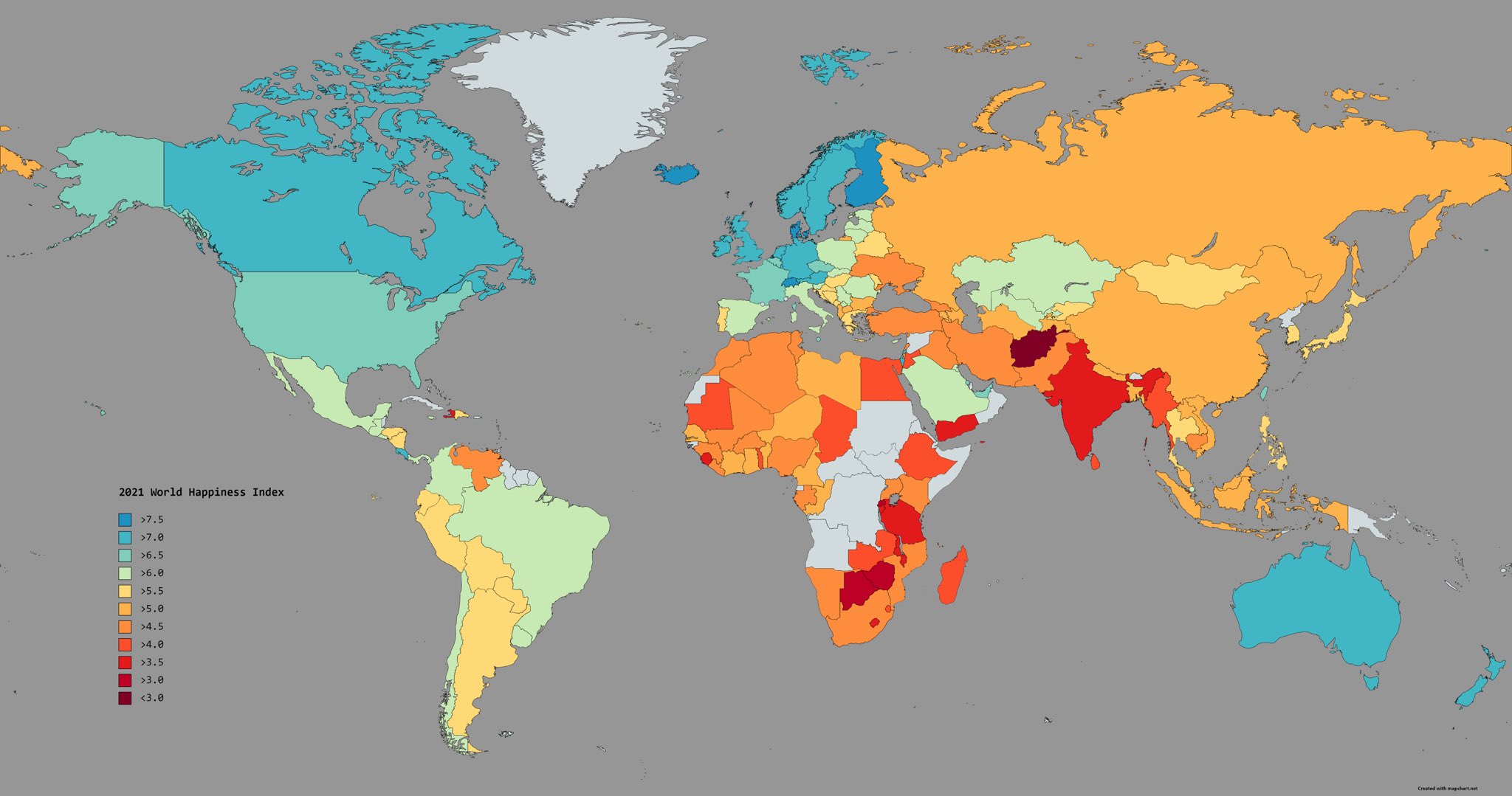 تويتر Mapchart على تويتر 21 World Happiness Index A Simple World Map With A Custom Palette And Font That Shows How Each Country Compares To Each Other As Measured By