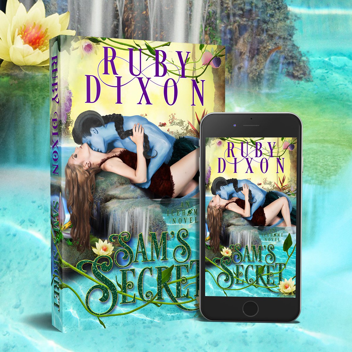 the cover for Sam's Secret by Ruby Dixon, featuring a blue alien embracing a white woman in a pool at the bottom of an alien fruit cave, and his tail is going between her legs and you just know he's going straight for her own fruit cave.