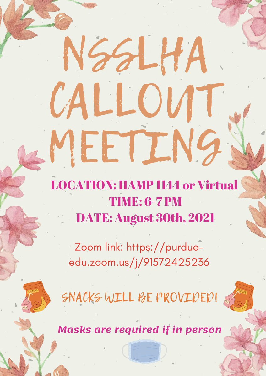 PurdueNSSLHA's tweet photo. Happy Saturday! ☀️☀️☀️
Our Fall Callout is this coming Monday, August 30th, at 6 PM! Hope to see you all there! Reminder to wear your mask if joining in person! Snacks will be provided! https://t.co/mIPvJLS1XL