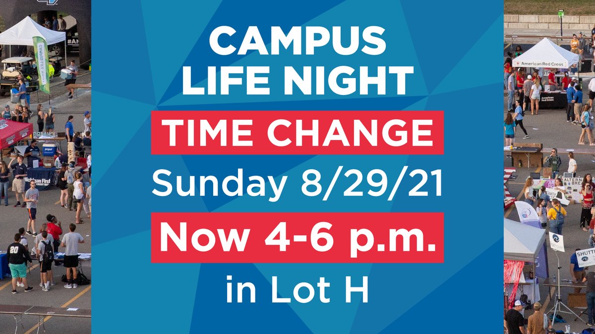 🚨 ATTENTION 🚨: Due to forecasted inclement weather tomorrow (Sunday 8/29), we have made the decision to move Campus Life Night up to 4-6 p.m. 

We'll see you then!!