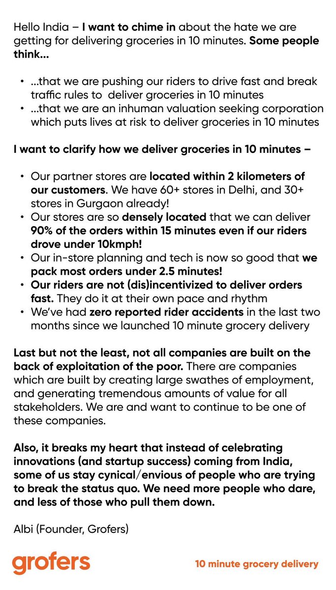 ram_jalan's tweet photo. Absolutely!!! did we ask how they do. #India bhi kabhi #startup tha. It took #75years to reach where we are. 
Mauka do, Chauka (denge) Marenge. 
#Grofers now pls don’t launch 10min warna free 😜 - main ro dunga 😭
#Grofer https://t.co/LqRd4JPVRd