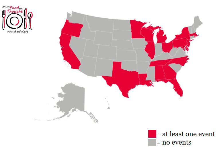 AFTDHope's tweet image. We've set an ambitious goal for AFTD's #FoodforThought2021🍽️ fundraising &amp;amp; awareness campaign: an event hosted in each of the 50 states! We still need hosts in the unrepresented (gray) states to meet our goal. Be the one to put your state on the map today: bit.ly/3mDbYSh