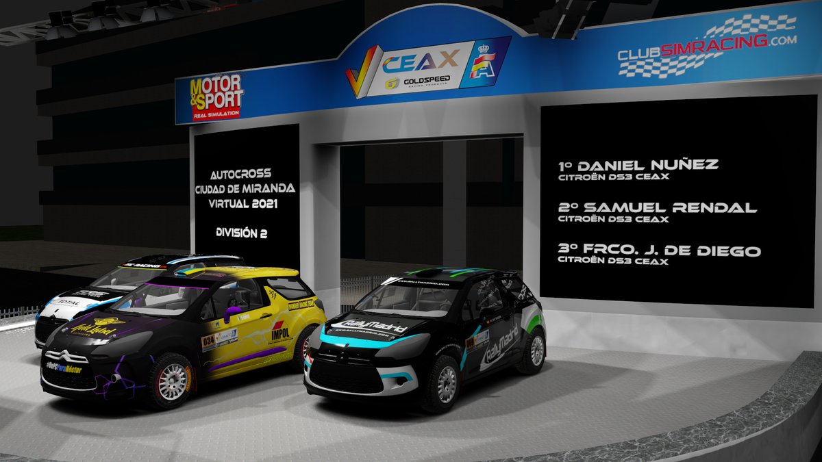 PODIO DE LOS GANADORES DEL AUTOCROSS CIUDAD DE MIRANDA VIRTUAL 2021 DIVISION 2. <a href="/CeaxVirtual/">CEAX_Virtual</a> <a href="/club_simracing/">Club Simracing</a> 
1º <a href="/DaniNT12/">DaniNT_</a> 
2º <a href="/RendalSamu/">Samuel Rendal</a> 
3º <a href="/Javier_ddf/">Javier de Diego</a>