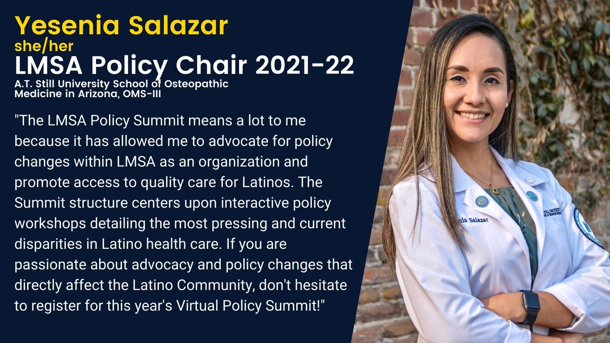 LMSA_Policy's tweet photo. In preparation for this year's LMSA #PolicySummit we will be highlighting the dedicated #LMSA students behind the scenes who make this annual #HealthAdvocacy summit a reality!  

Up first: one of our very own National LMSA Policy Chair @SalazarYesenia4! ✨🎉🗳️⚕️ https://t.co/fS5qtvsEcE