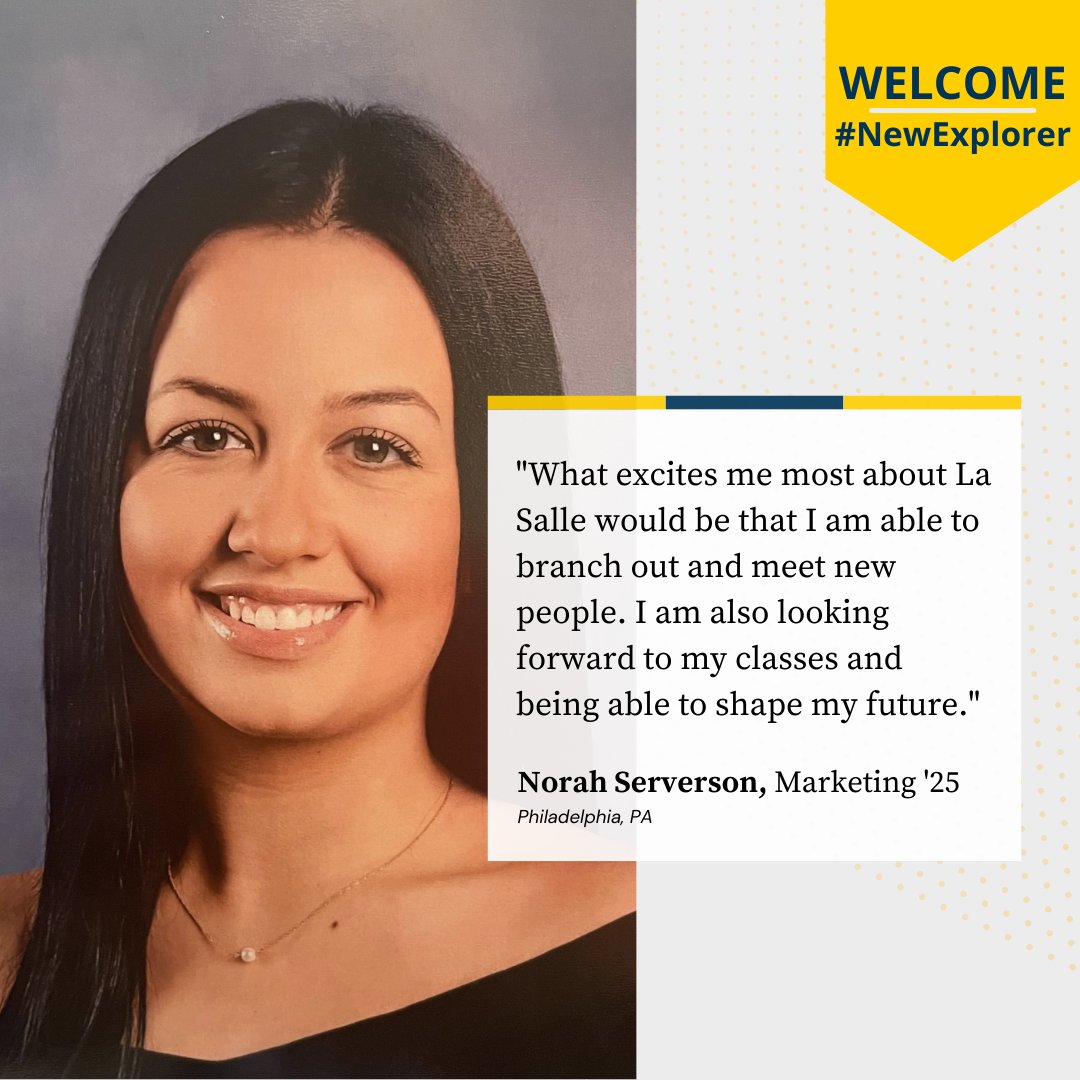LaSalle_BSchool's tweet photo. ๐คฉ๐คฉ Let's give it up for Norah Serverson, our incoming Business Explorer, who will be joining us in Founders' Hall on Monday. Fun Fact: Norah has been dancing since she was 3 years old. She will also study marketing.๐๐ @LaSalleUniv #newexplorer #lasalleu https://t.co/NcqlFZrzia