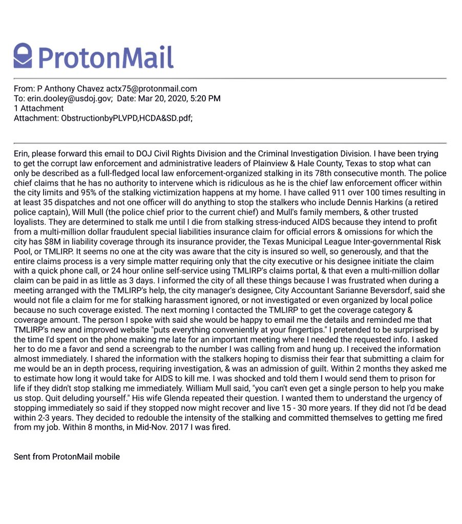 AnthonyChavez01's tweet image. An email I sent to @erindooley who manages media &amp;amp; comms at @NDTXnews for @USAttyShah. 

The letter is from @USAttyNealyCox who referred my complaints to @FBIDallas for investigation as corrupt HaleCo #DAWallyHatch refuses even to discuss #policesponsoredcrime &amp;amp; #localcorruption.