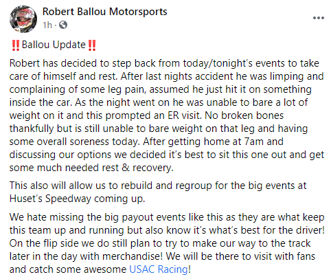 USACNation's tweet photo. Statement from @robertballou81, who will be absent from today's USAC @AMSOILINC National Sprint Car events at @kokomospeedway following last night's crash.

We wish him all the best &amp; look forward to seeing him back on track soon.

#SmackdownX https://t.co/rLDPvsiz1r