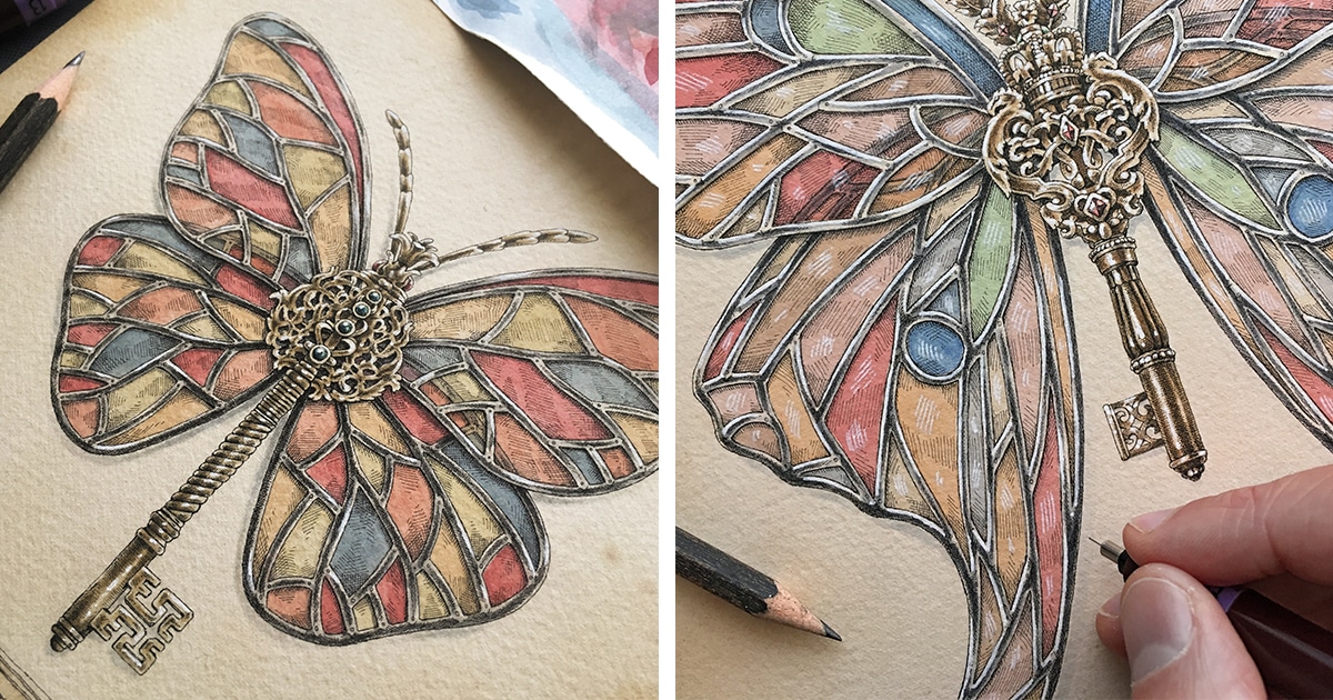 Stunning Pen and Ink Drawings Reimagine Butterflies as Skeleton Keys With “Stained Glass” Wings mymodernmet.com/steeven-salvat… #PenDrawing #botanicaldrawing