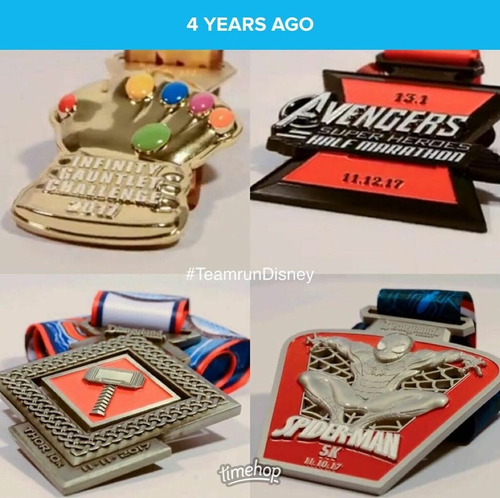 teamrundis's tweet photo. Before Thanos' snap conquered half of all runDisney races, 2017 Avengers Weekend runners got a peek at their race medals 4 years ago today, the last to be handed out at the Disneyland Resort. #TeamrunDisney #TrDRunningClub #runDisney
•
#AvengersHalf … https://t.co/VUnYbEPrcC https://t.co/G8dNazRDKV
