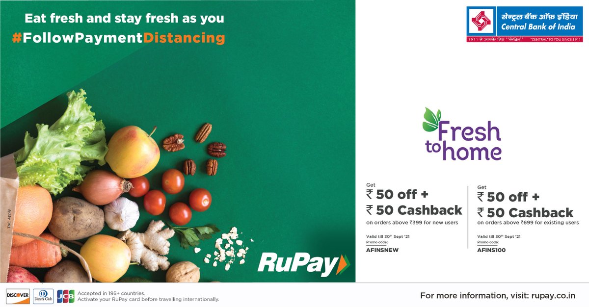centralbank_in's tweet photo. Eat fresh and stay fresh as you #FollowPaymentDistancing with Central Bank of India RuPay cards. #CentralBankofIndia #RupaycardOffers https://t.co/sl4AhMbk7n