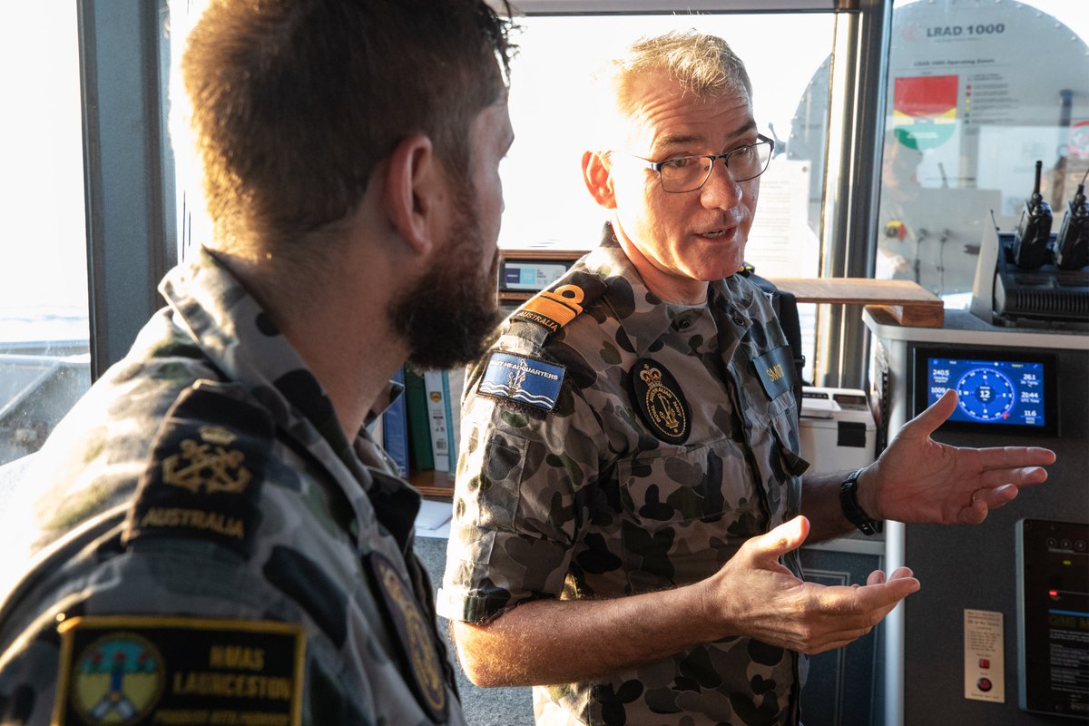 Australian_Navy's tweet photo. Deputy Chief of Navy Rear Admiral Chris Smith recently took time to visit the crew of #HMASLaunceston, having farewelled #HMASCanberra and #HMASAnzac who sailed for #IPE21. Launceston is in the middle of her Minor War Vessel Fleet Concentration period. #AusNavy https://t.co/eesdrpD8fv