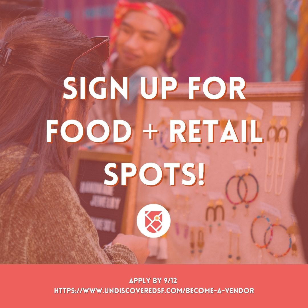 UNDISCOVEREDSF's tweet photo. Do you have a food or retail business that you’d like to feature at UNDSCVRD Culture Crawl 2021? Apply by 9/12! 

Know of a food or retail business you'd like to dine/shop with at UNDSCVRD? Share this &amp; tag them below!
 
Apply at: https://t.co/4dZj2HRebg https://t.co/ydXFE368fm