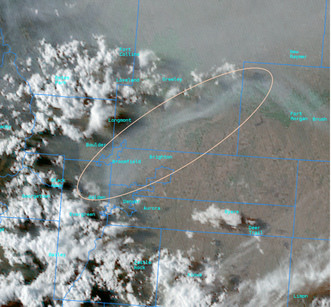 NWSBoulder's tweet photo. For those wondering about the decrease in air quality in the Denver area this evening...In addition to wildfire smoke moving in from out west, NE winds have pushed in smoke from the recent brush fire near Wiggins the last few hours. Shown here on satellite imagery
#COwx https://t.co/BYX0ZX6qob