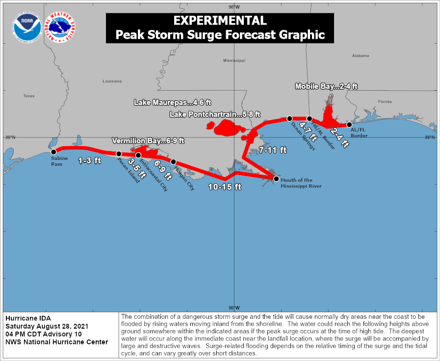 NHC_Atlantic's tweet photo. Here is the latest peak storm surge forecast for the northern Gulf Coast from Hurricane #Ida https://t.co/UGsQIxmEIS