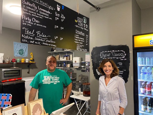 Governor Hochul (right) stands with Wired Coffee owner Marty (left) in Saratoga Springs