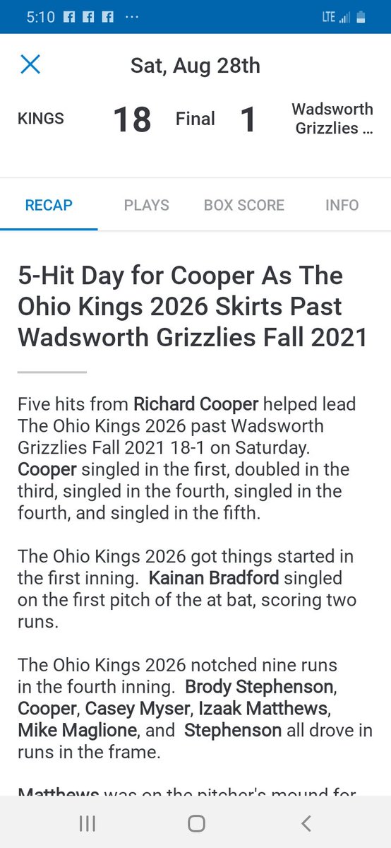 kimc99oh's tweet photo. #10 Richard Cooper 👑⚾️ Class of 2026 was on fire 🔥 at the plate today!  Going 5 for 6 with 5 RBI'S and scoring 5 runs in the opening game of the Fall ball season 💪
@TheOHKINGS 
#HardWorkPaysOff https://t.co/CFyujNIGlu