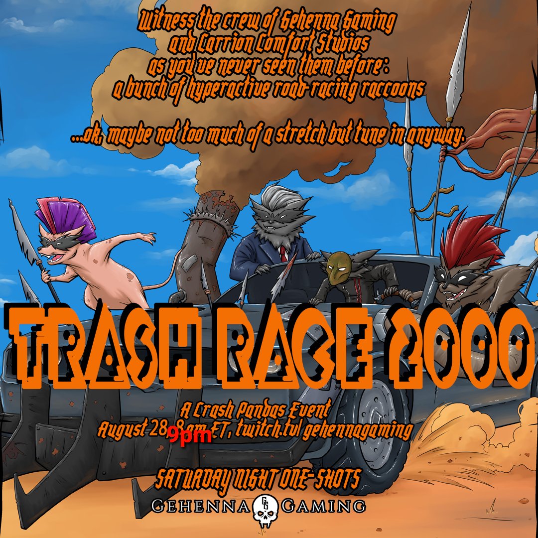 sneakernetmusic's tweet photo. Tonight, we crash.
TRASH RACE 2000 goes live tonight at 9PM ET on https://t.co/j0Dd9iYzHv
#twitch #ttrpg #crashpandas https://t.co/dYJmYAYYQ1