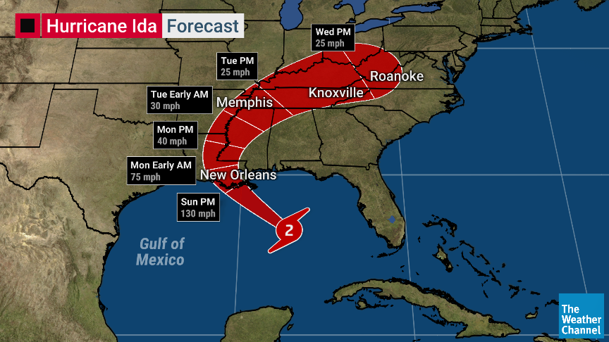 weatherchannel's tweet image. #Ida's winds have reached 105 mph. 

On our air right now, @JimCantore, @StephanieAbrams, and @JordanSteele are all LIVE in Louisiana.