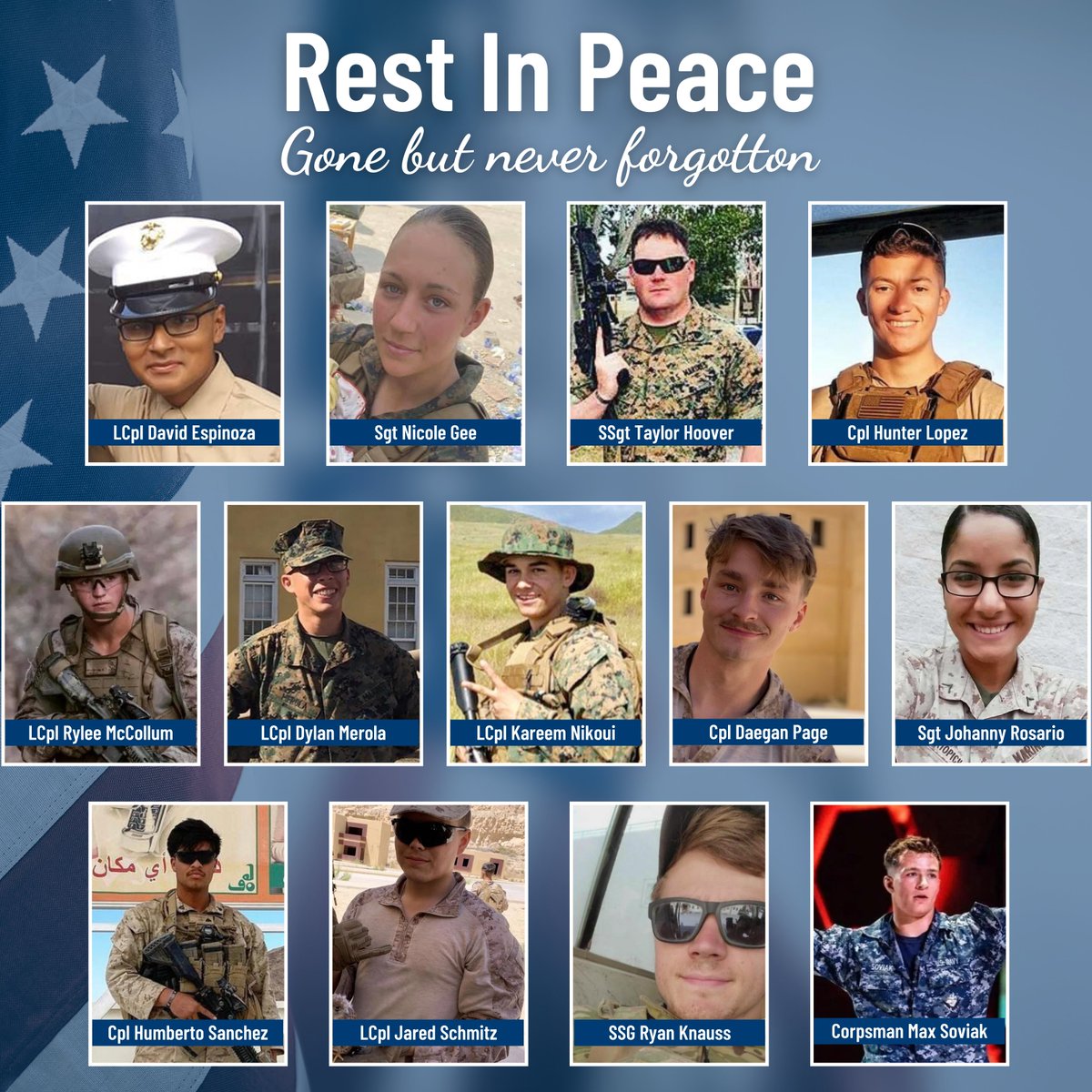 Military families are bonded in our sadness at the loss of these 13 heroes. Lifting up their families in prayer. We won’t forget. ❤️🙏🏼